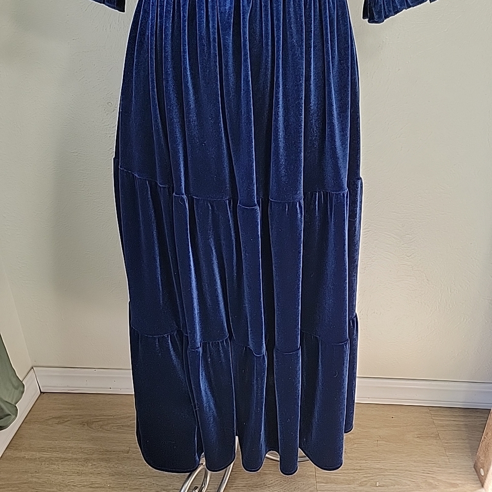 R Vivimos Blue Velvet Smocked Tiered Dress Medium - Picture 5 of 13